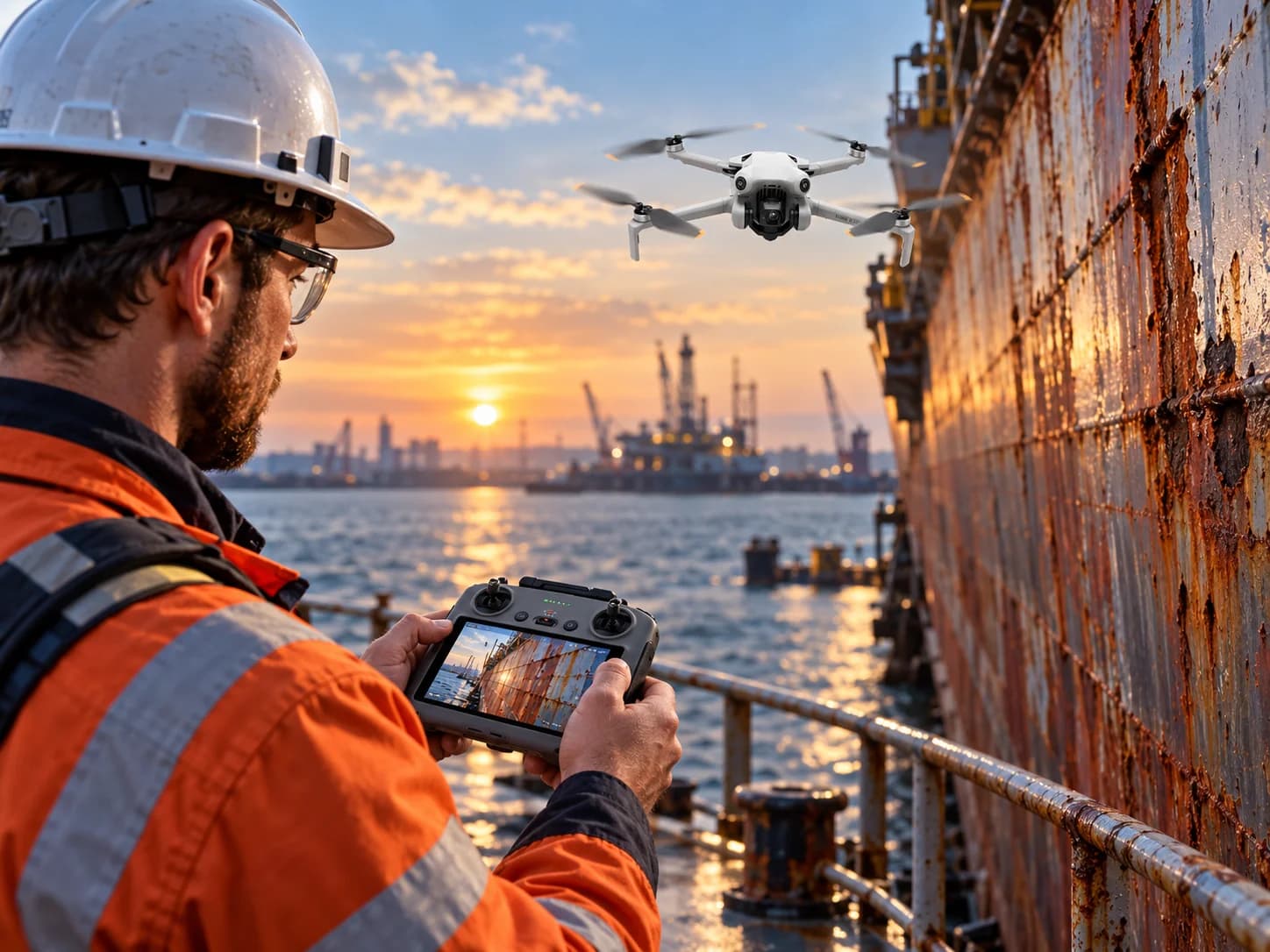 Maritime worker in orange PPE reviewing a tablet on a ship deck in daylight