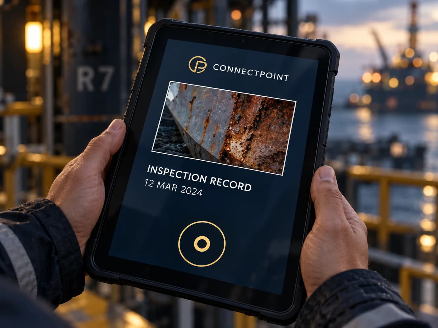 Close-up of a tablet held during a maritime inspection, screen showing abstract panels