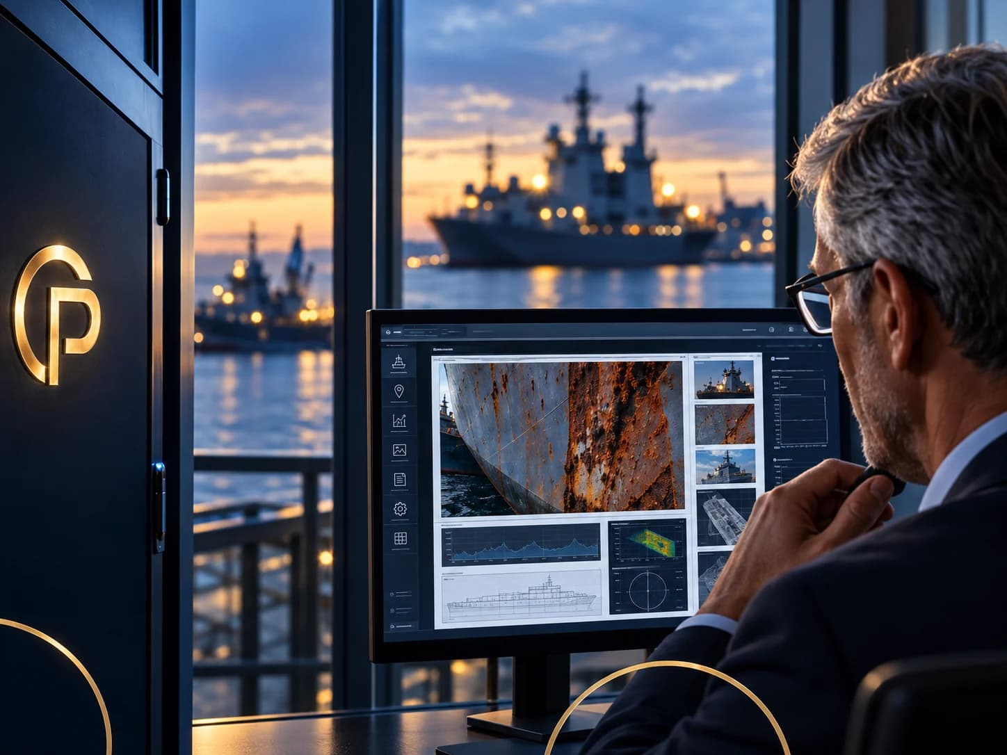 Professional reviewing a desktop monitor in an office overlooking a harbor