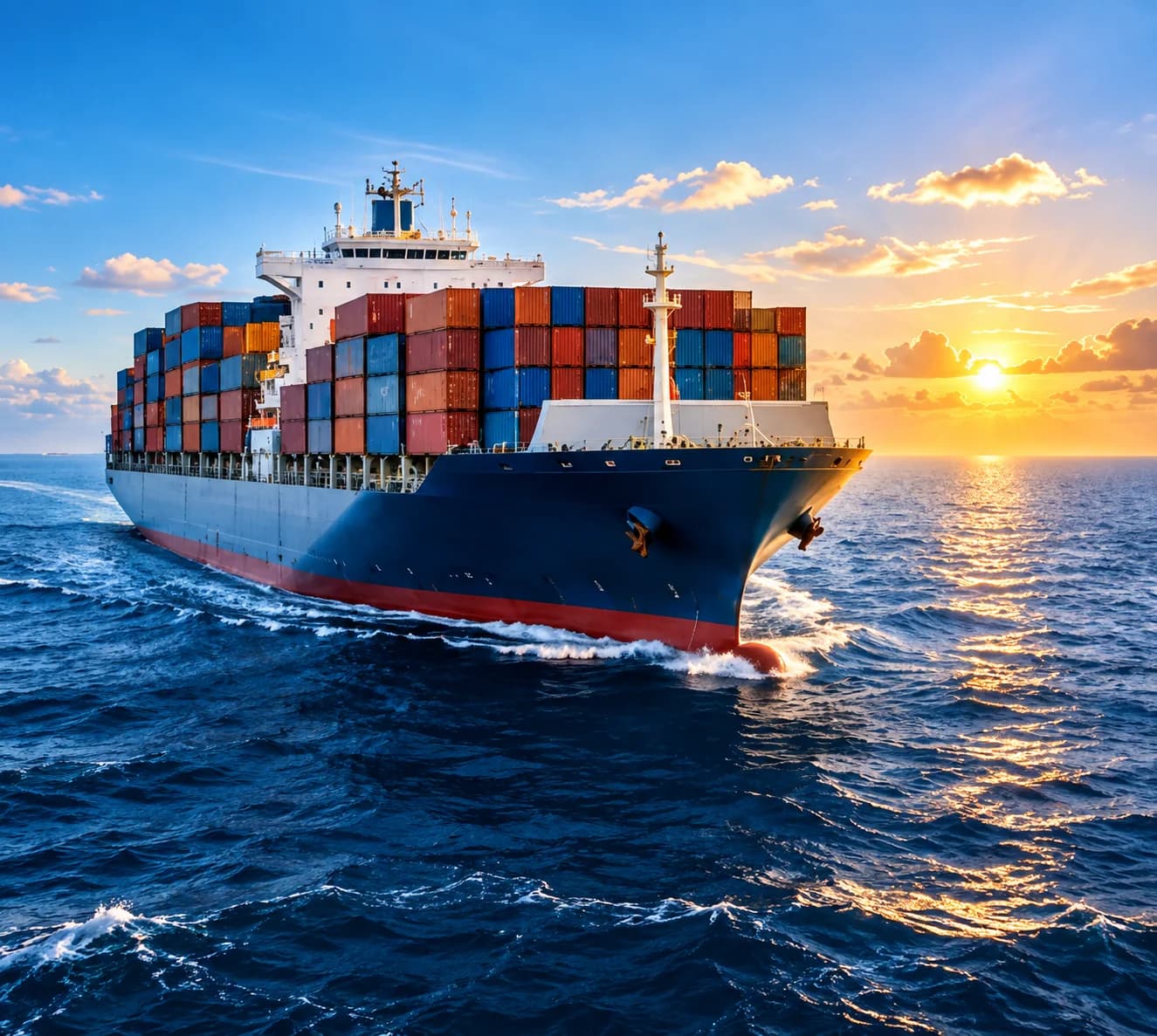 Container cargo ship at sea in bright daylight