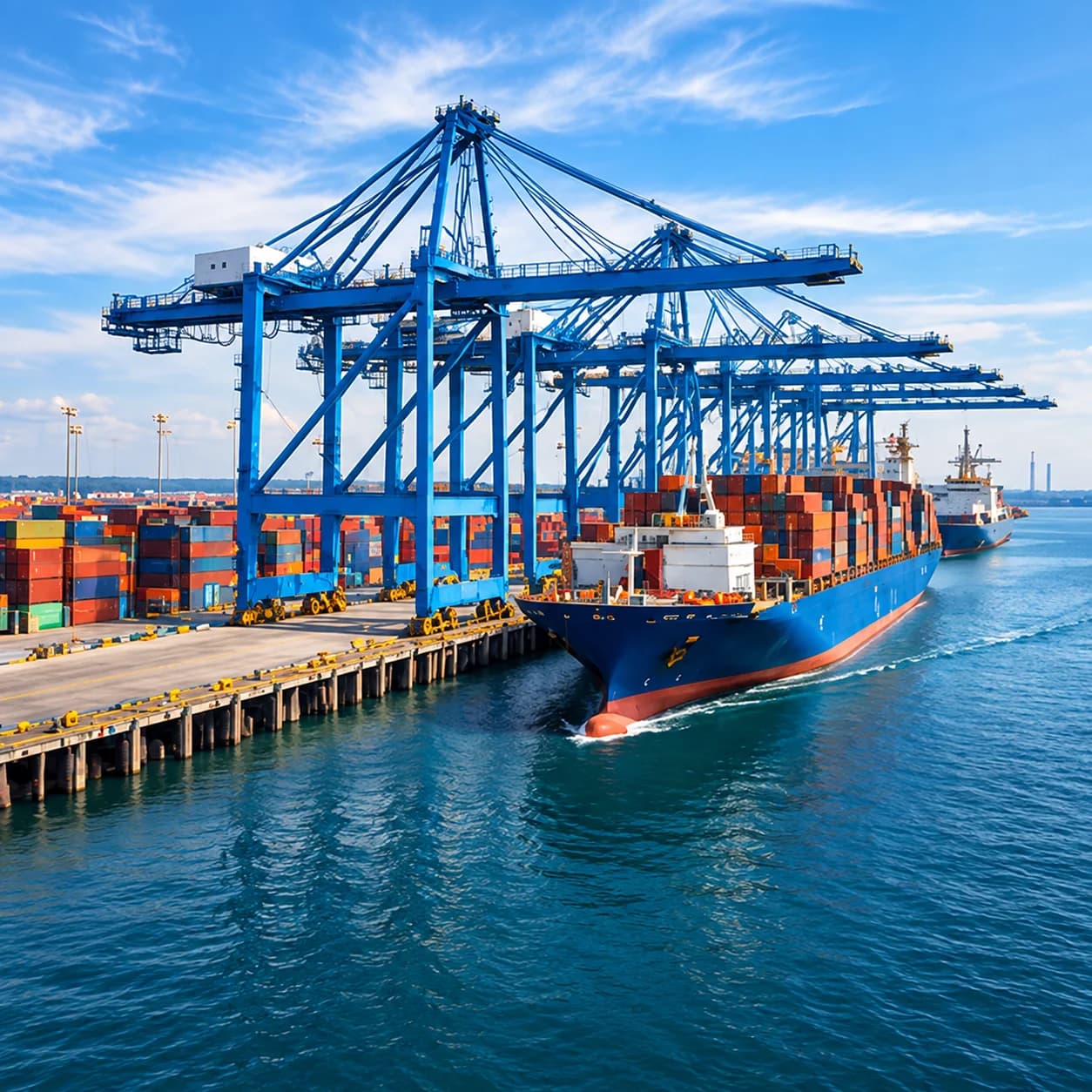 Container port with gantry cranes in daylight