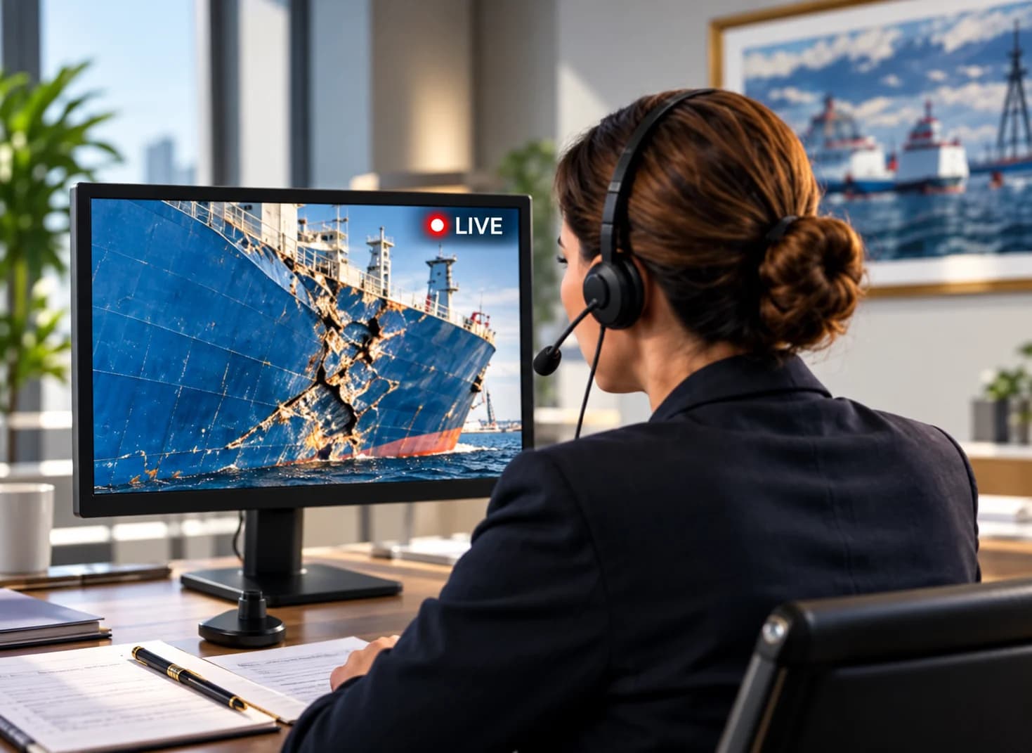 Professional with headset reviewing a desktop monitor in a bright office