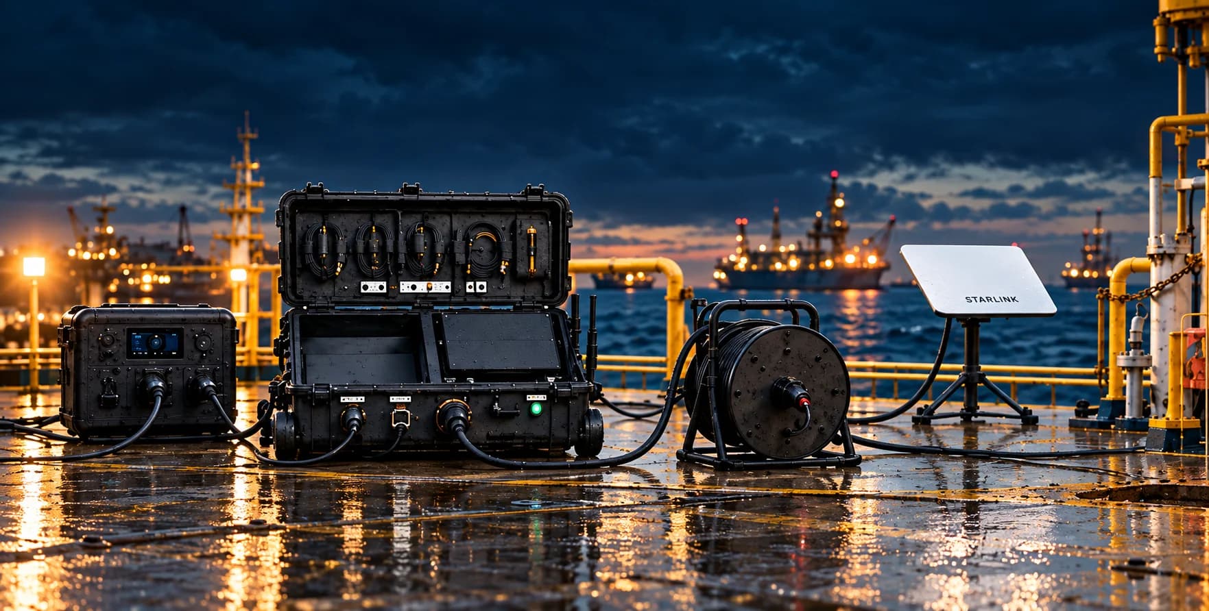 Rugged tank kit cases, satellite antenna, and cable reel on a ship deck in daylight