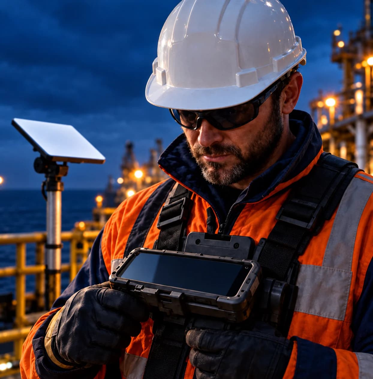 Offshore worker with a blank chest-mounted phone and a satellite antenna on deck in daylight