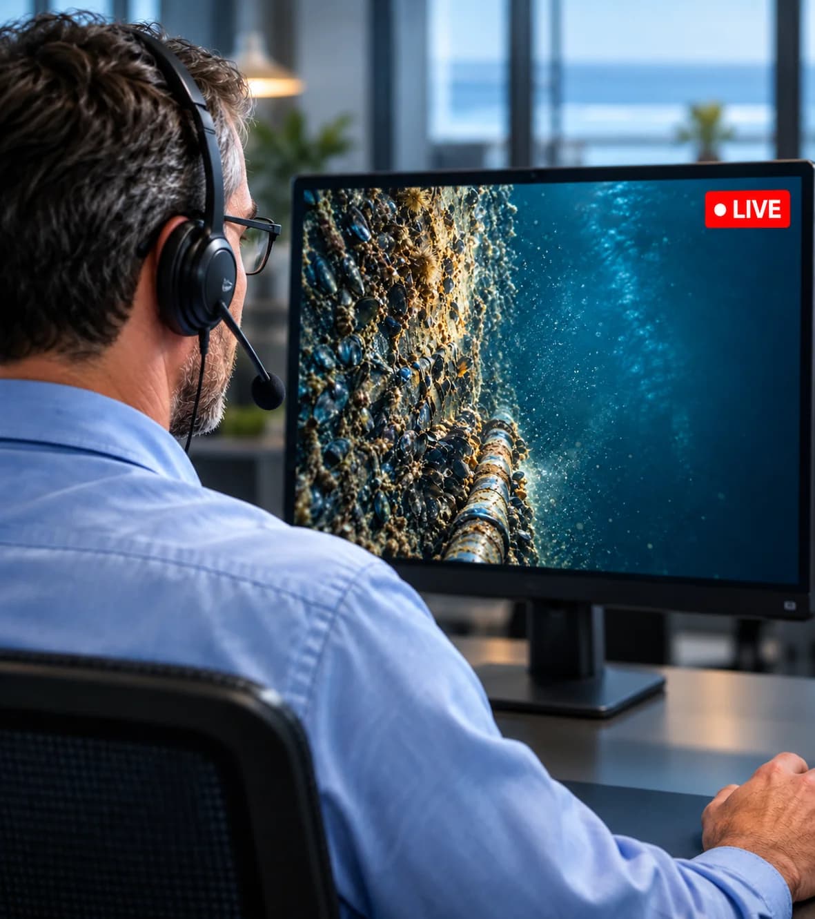 Shipowner office workstation with dual blank monitors in daylight