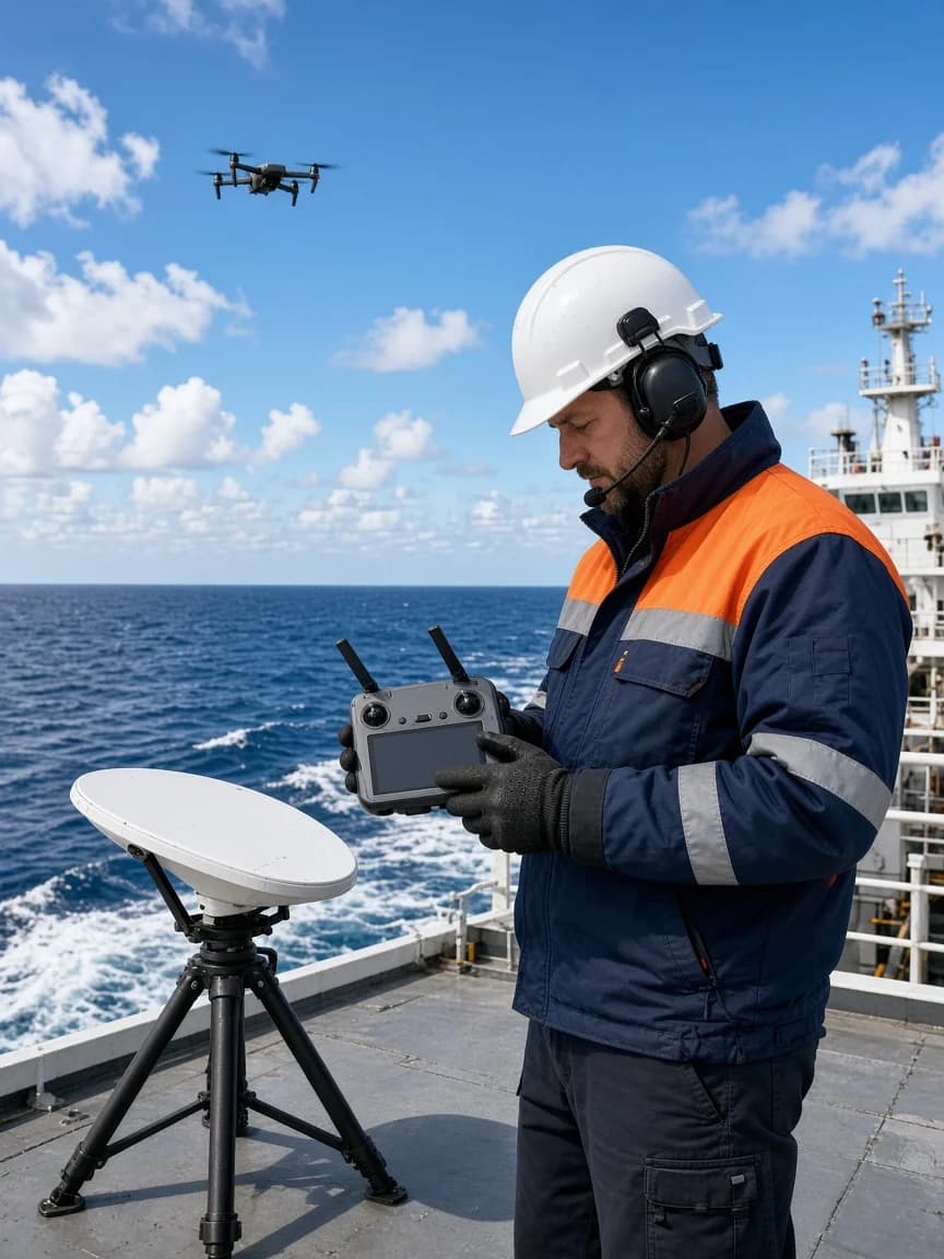 Maritime worker on a ship deck operating a drone controller under daylight, with a drone and satellite antenna nearby