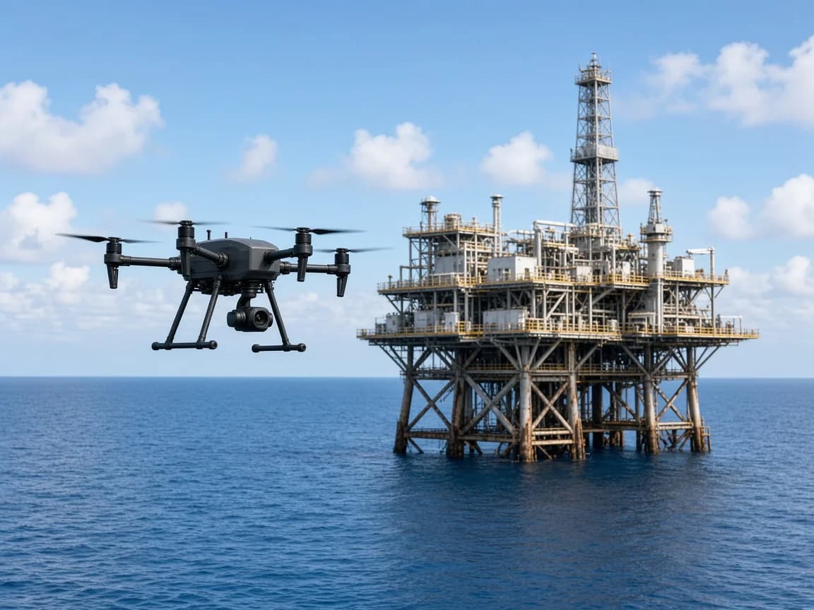 Industrial inspection drone flying near an offshore platform in daylight