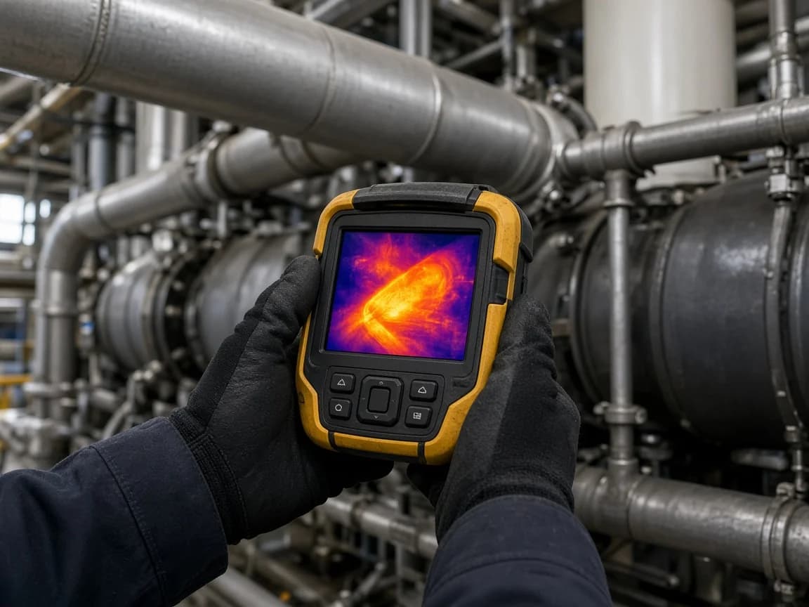 Handheld thermal camera showing a heat signature on machinery