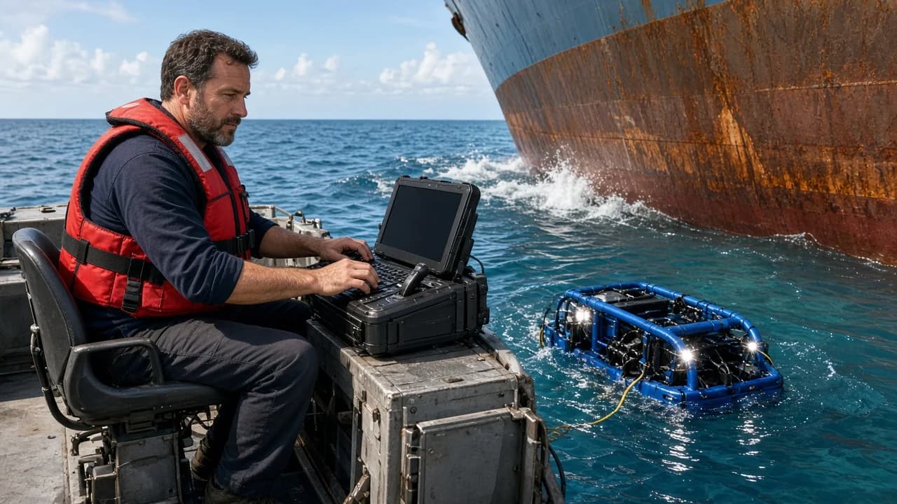 Independent ROV operator on a workboat with a rugged laptop beside a blue inspection ROV near a ship hull