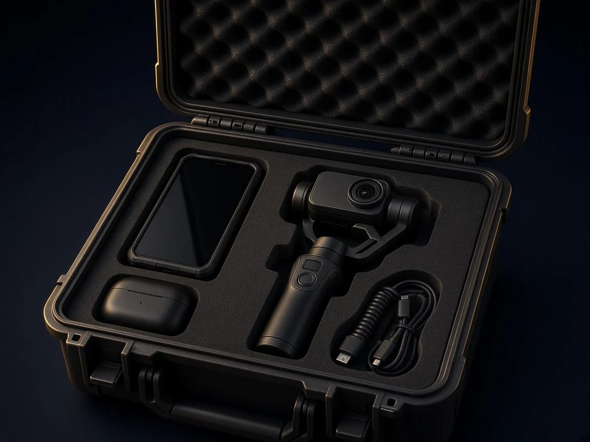 Open rugged case with phone, camera, and audio accessories