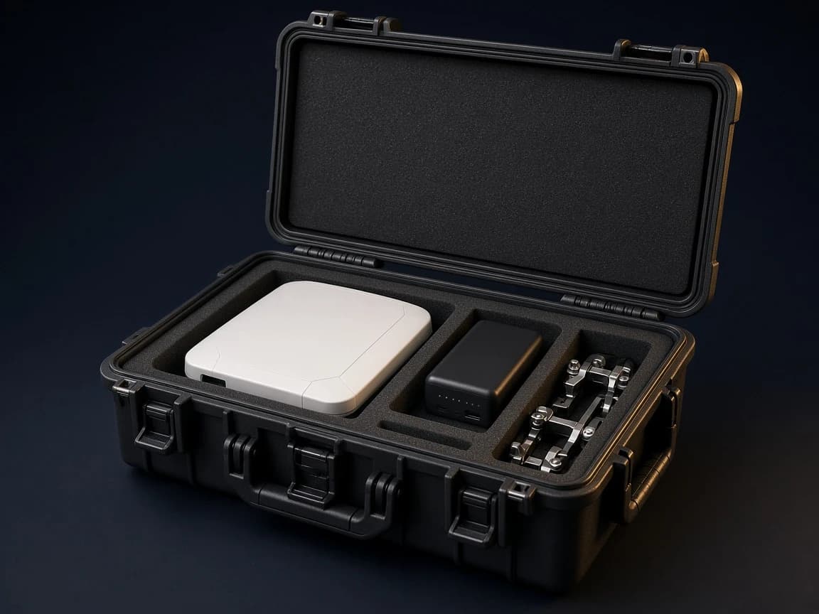 Open rugged case with satellite terminal, power brick, and mounts