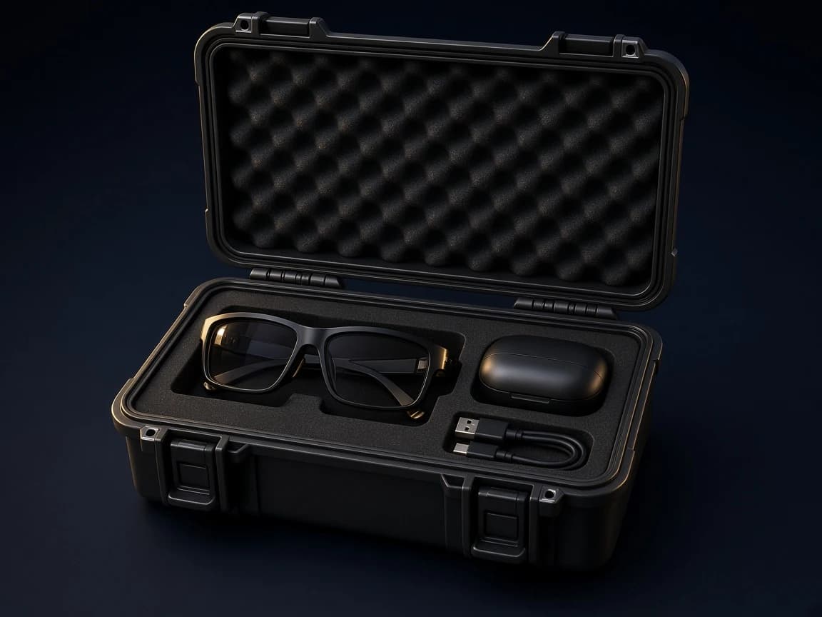 Open rugged case with smart glasses and charging accessories