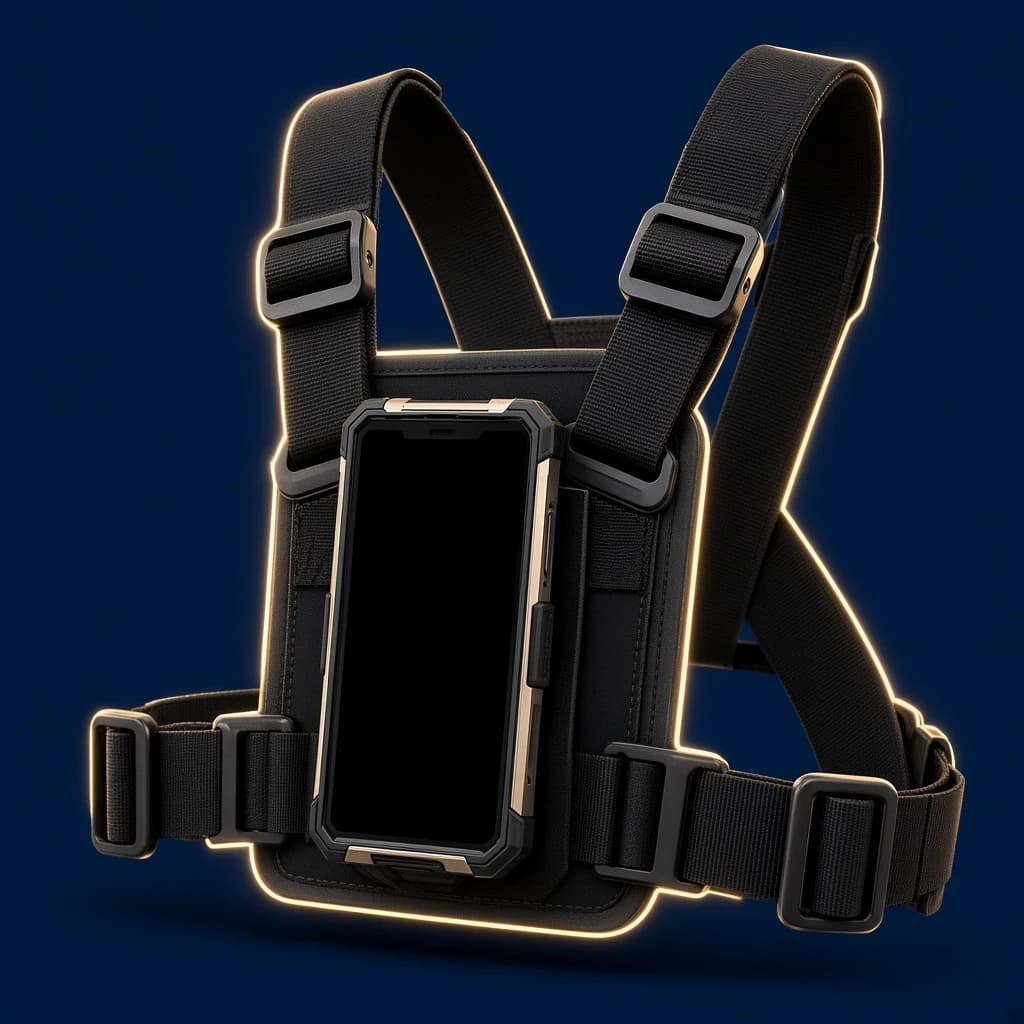 Rugged smartphone in chest harness