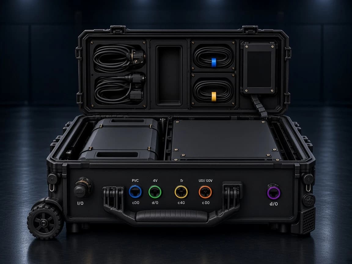 Open ConnectPoint case with battery, electronics access, lid storage, and front I/O ports