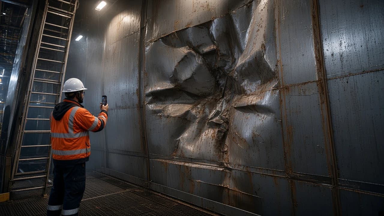 Worker filming impact damage on the curved steel wall inside a rig column